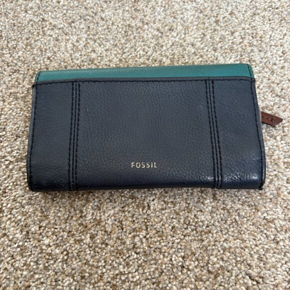 Fossil Navy Blue & Turquoise Leather Wallet Gold Hardwear - Picture 1 of 14